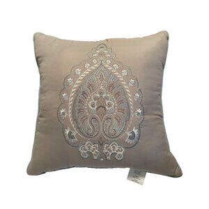 Designer Throw Pillow Embroidered India Square Exotic Beige Taupe Cushion 18x18